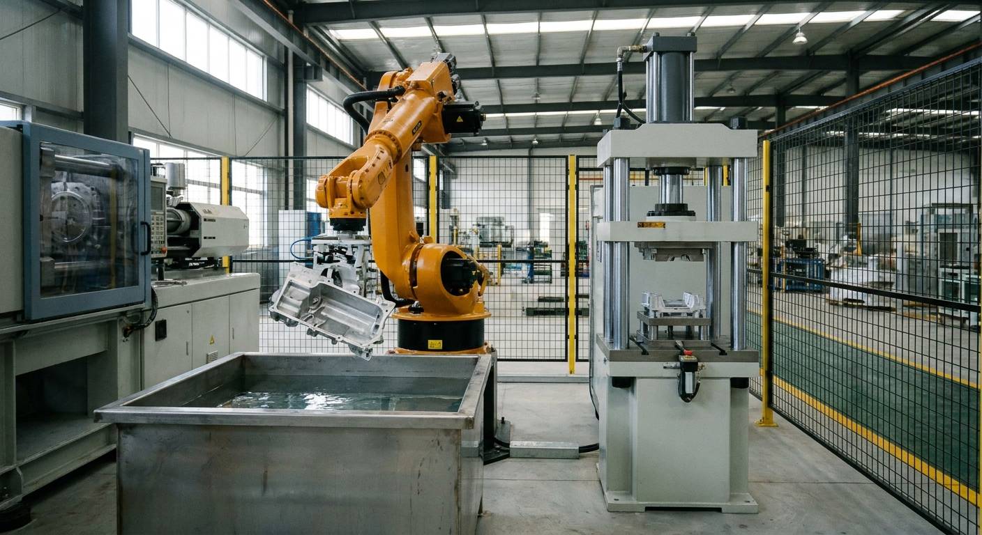 An automated die casting cell with an industrial robot arm between a quench tank and a hydraulic trim press, behind wire mesh safety fencing.