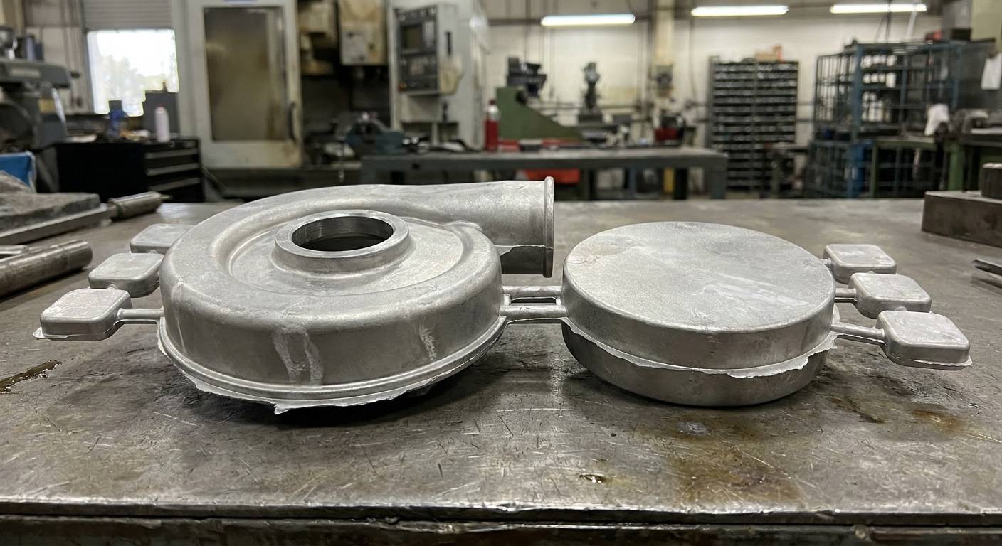 An untrimmed aluminum die casting shot on a steel workbench: the cast housing still joined to its round biscuit, runner, gates and small overflow pads, with thin flash along its edge.