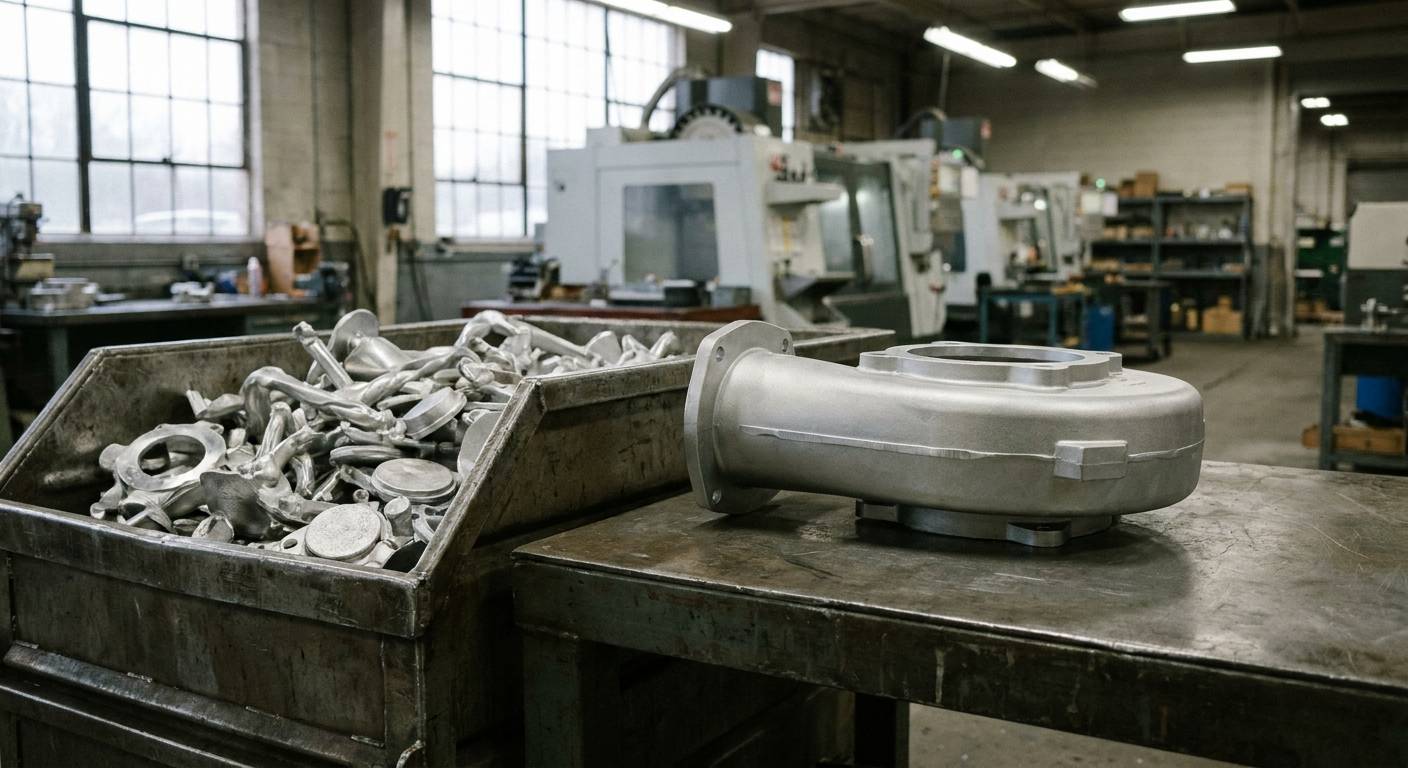 A trimmed aluminum housing with clean edges on a workbench next to a steel bin of trimmed runners, biscuits and overflows waiting to be remelted.
